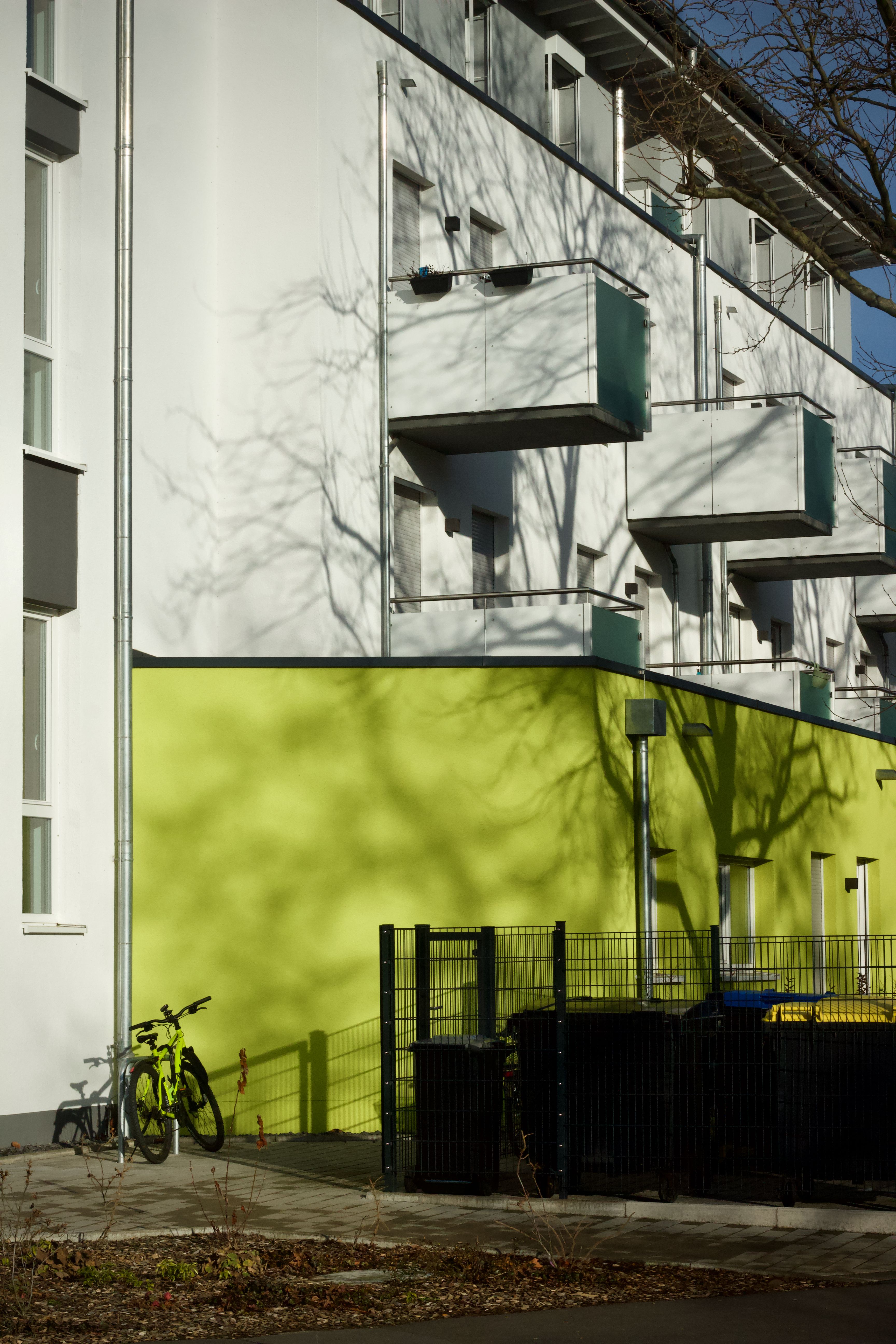 Modern Building with Bright Green Facade Shadows · Free Stock Photo