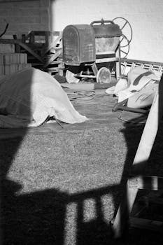 Black and white photo of vintage farm equipment creating a nostalgic rural scene.