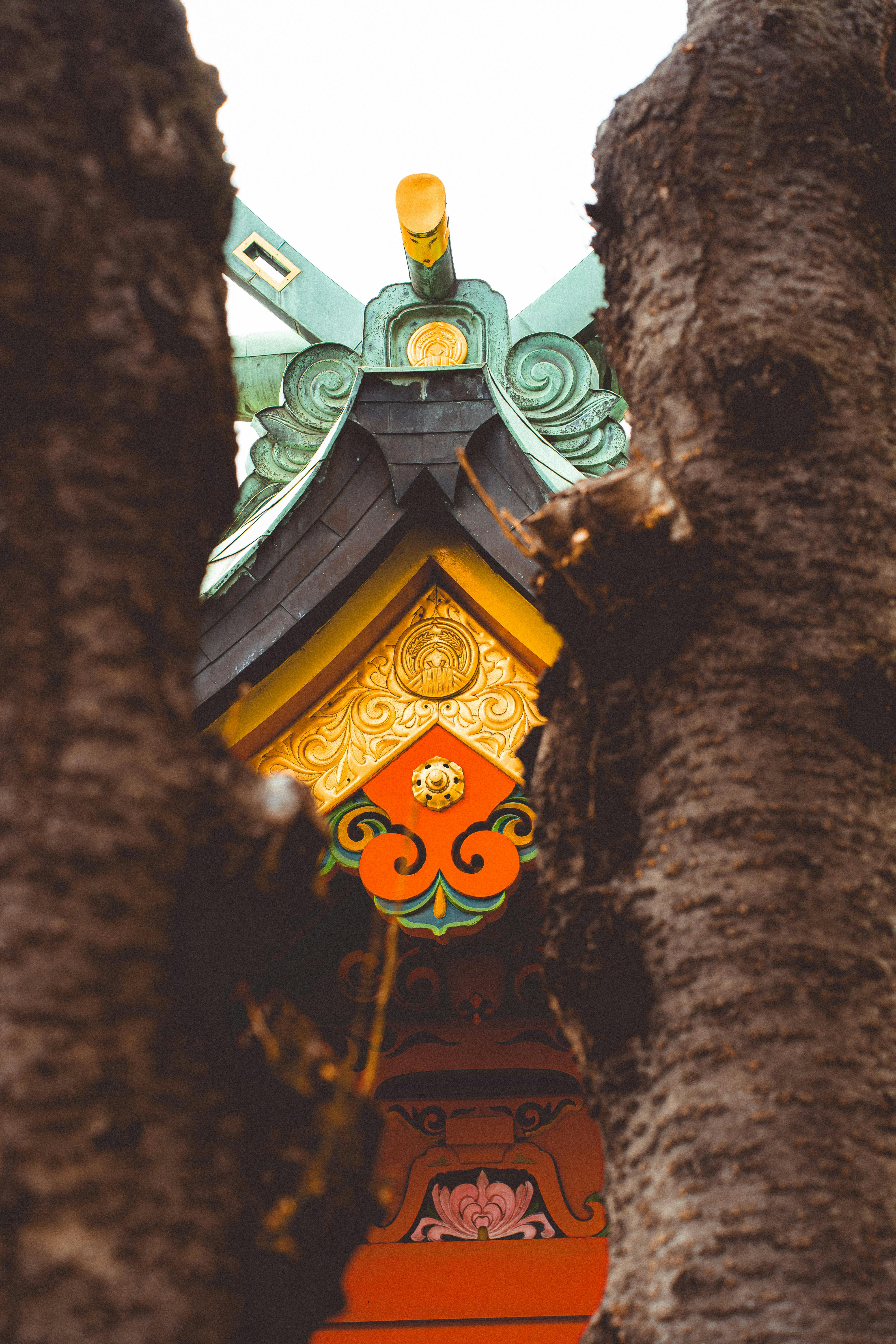 Gratis Fargerik takdetalj av et tradisjonelt japansk helligdom mellom trær i Tokyo. Arkivbilde