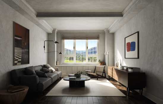 Sophisticated minimalist living room with large window showcasing scenic outdoor view. Modern interior design.
