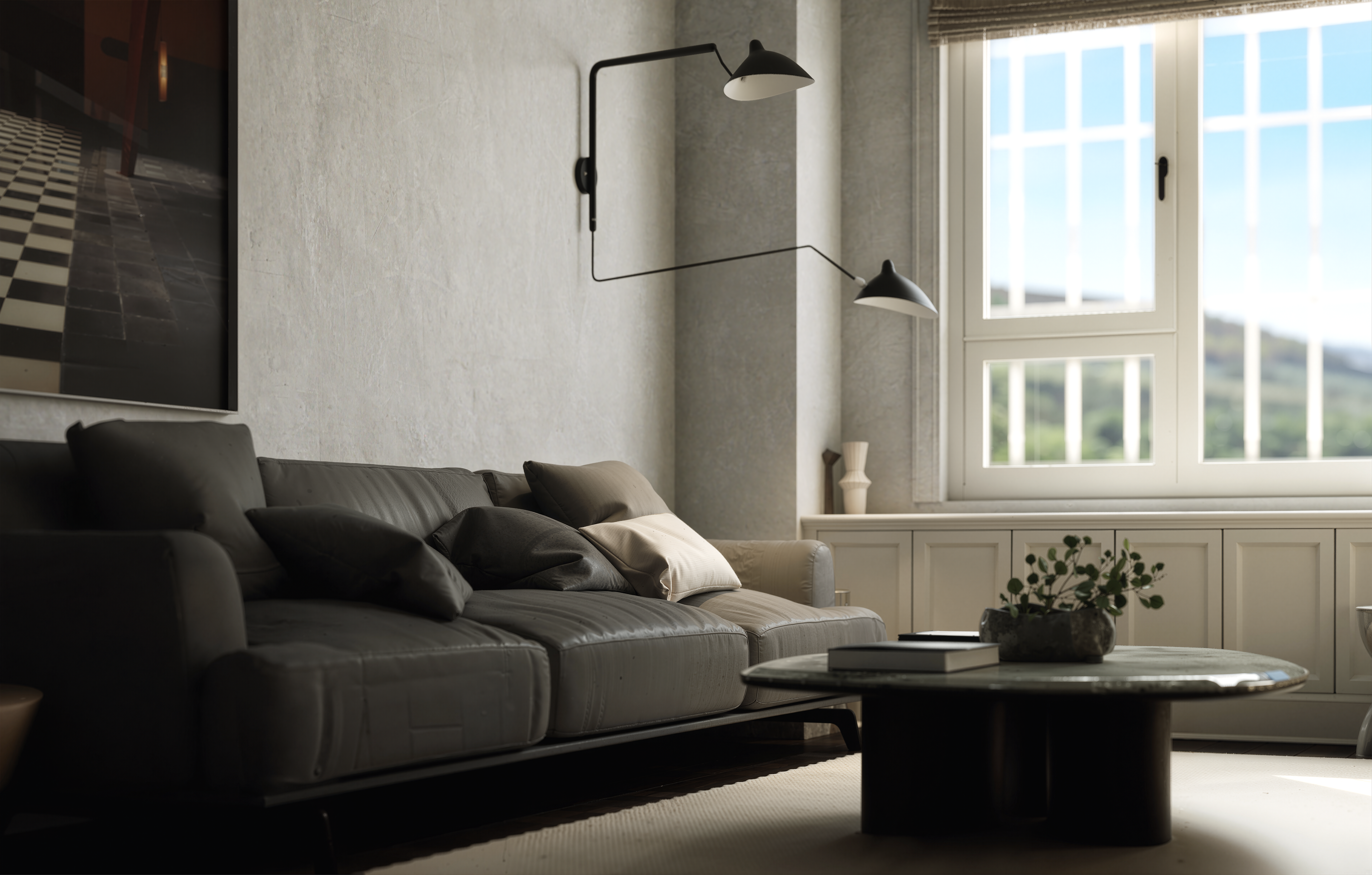 Bright minimalist living room interior with modern sofa and stylish lighting.