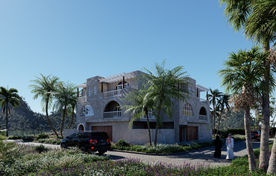 Luxurious villa surrounded by lush palm trees and SUVs in a scenic landscape.