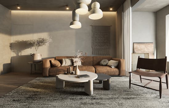Modern living room with brown sofa, pendant lights, and elegant decor.