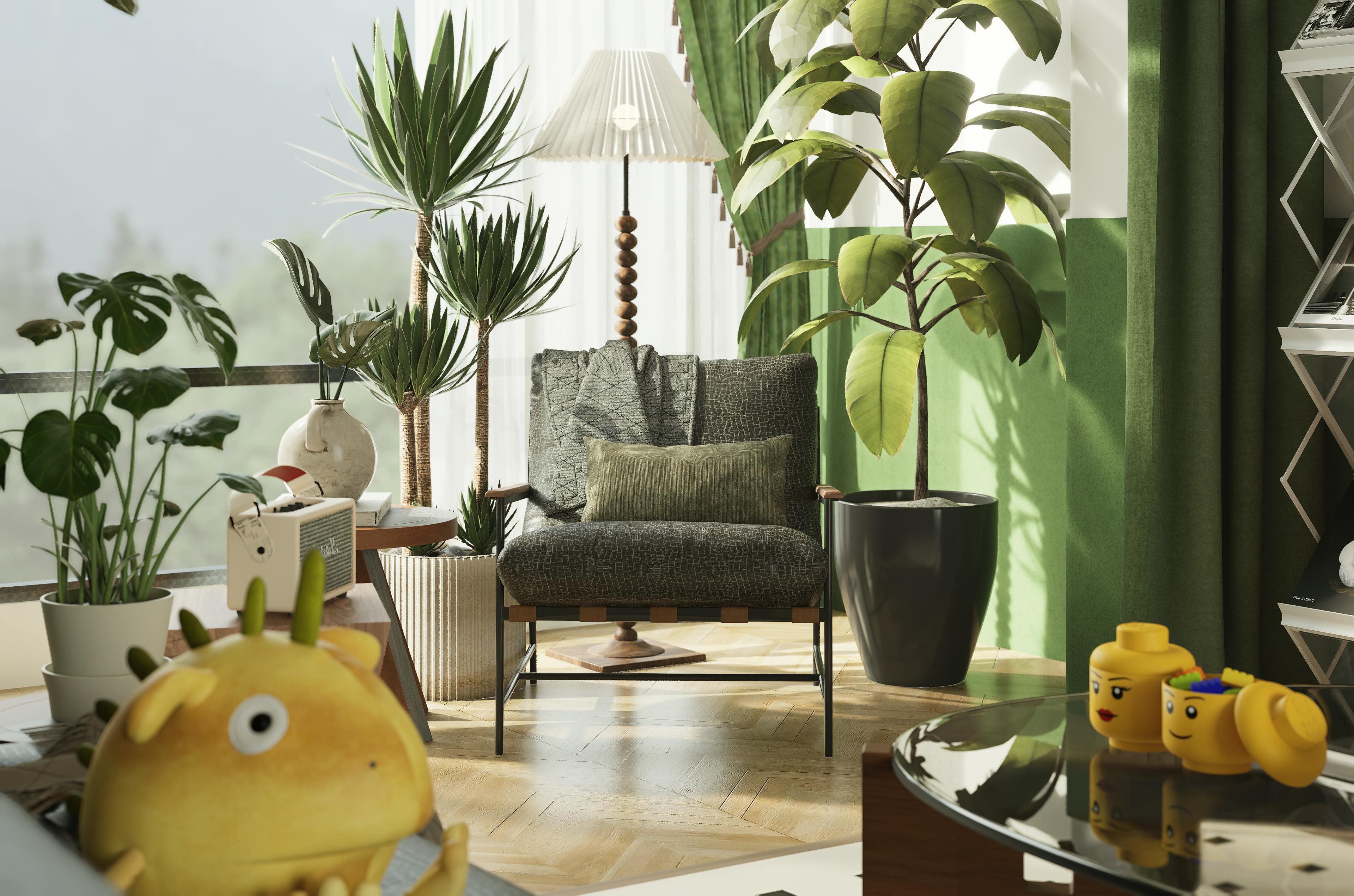 無料 緑豊かな観葉植物と遊び心のあるインテリアが特徴の、居心地の良いリビングルーム。快適さとスタイルが完璧に融合しています。 写真素材