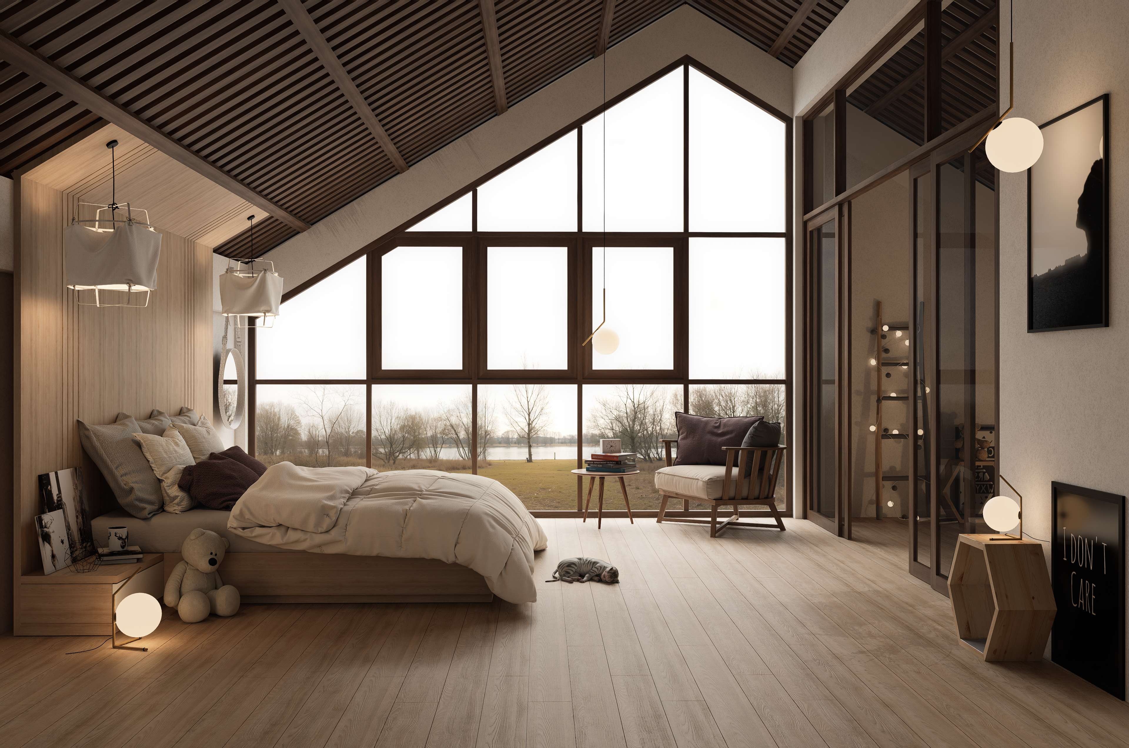 A warm, modern bedroom featuring a large window with serene outdoor view, wooden accents, and soft lighting.