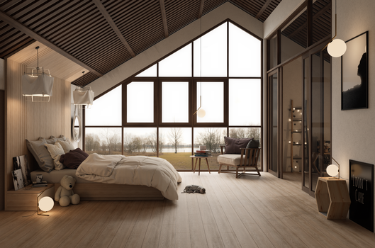 A warm, modern bedroom featuring a large window with serene outdoor view, wooden accents, and soft lighting.