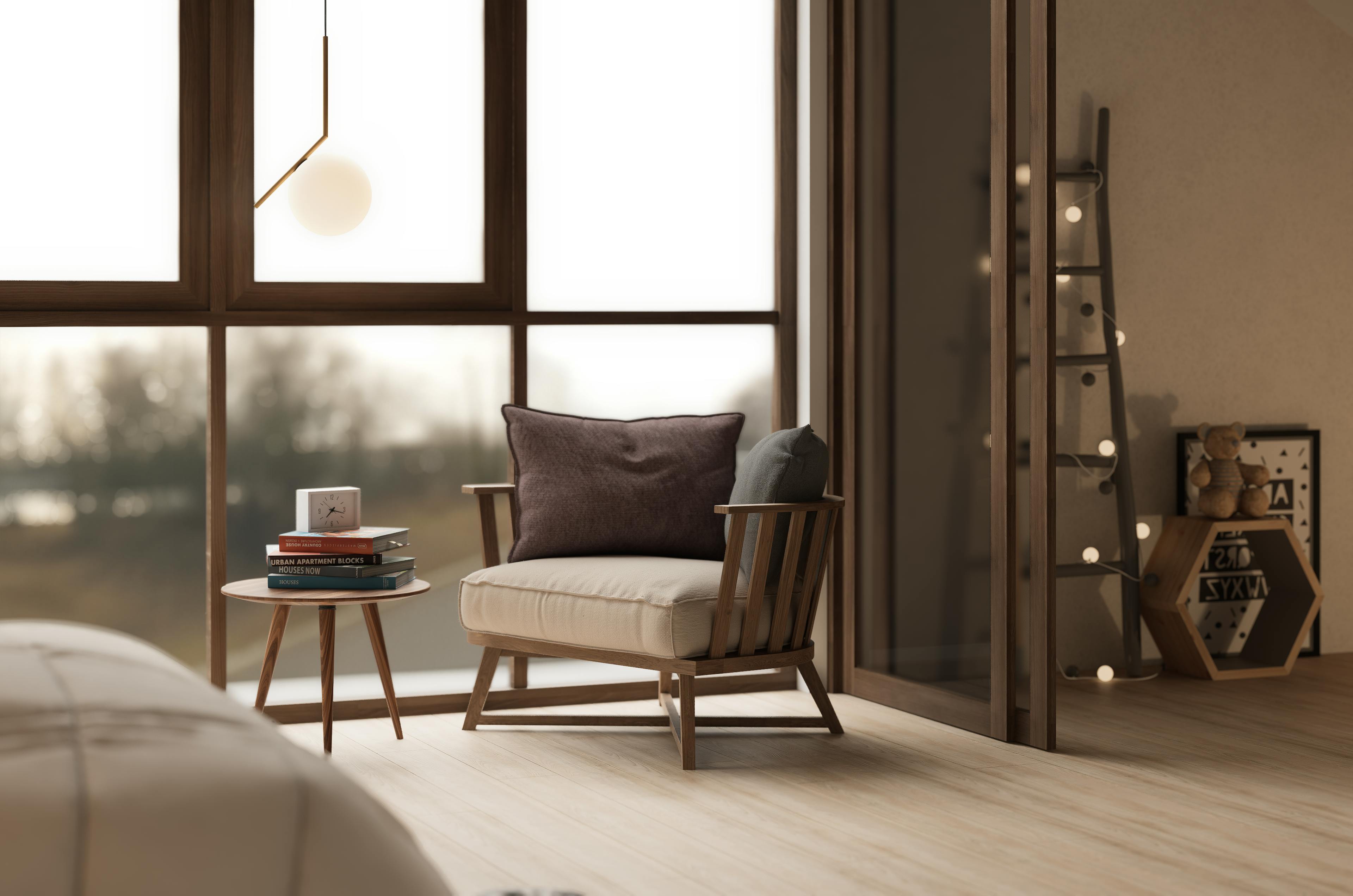 無料 木製の椅子、心地よい枕、スタイリッシュな装飾が施された明るくモダンなリビングルーム。 写真素材