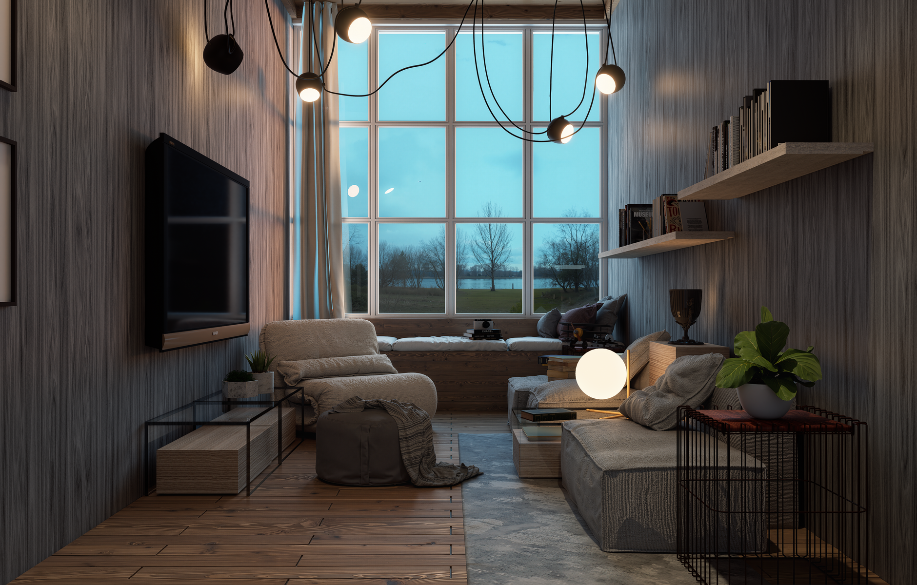 Modern living room with large window view, stylish lighting, and cozy seating.