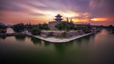 Majestic Ancient Palace at Sunset with Scenic Water Reflection