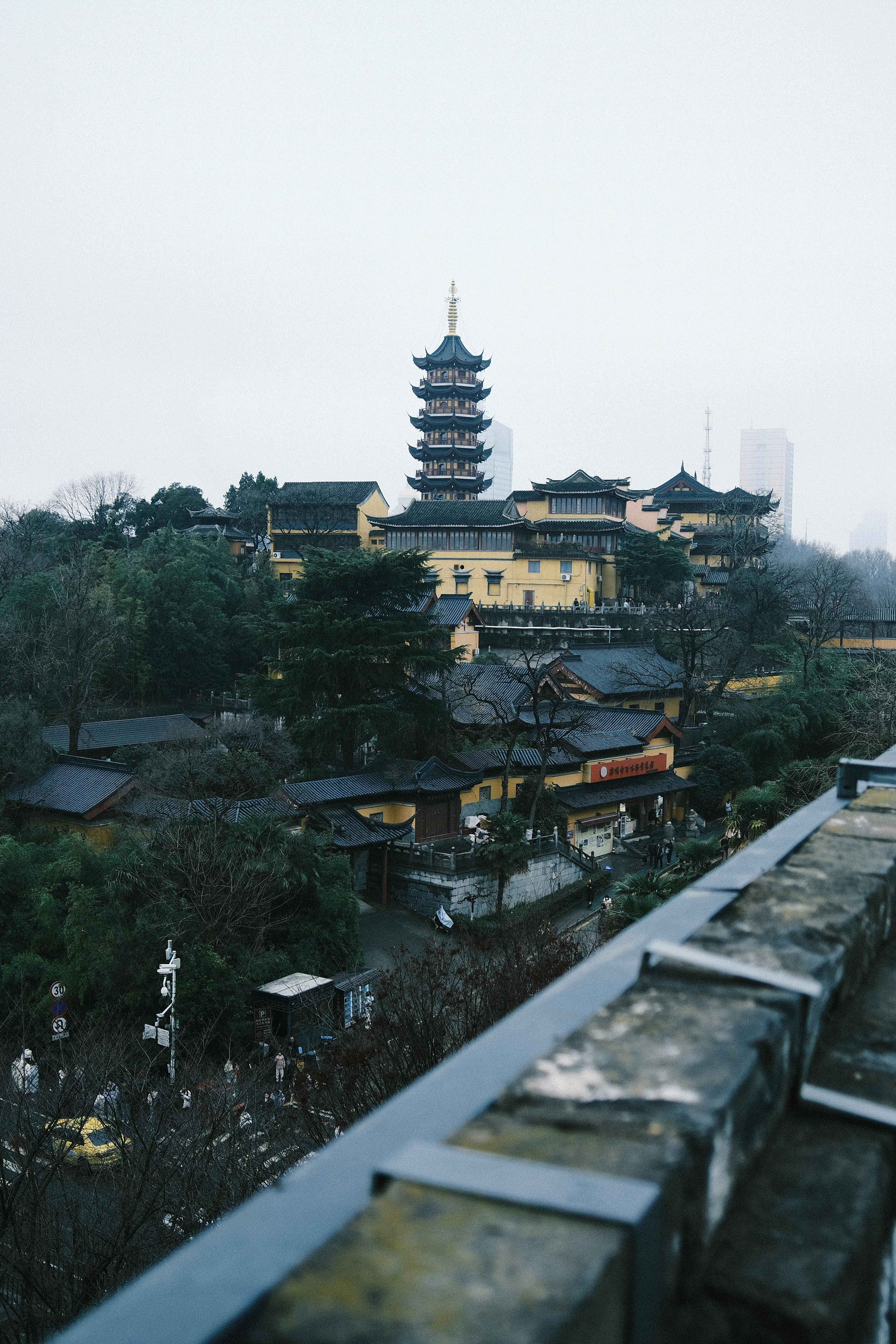 Ancient Pagoda in Nanjing with Overcast Sky