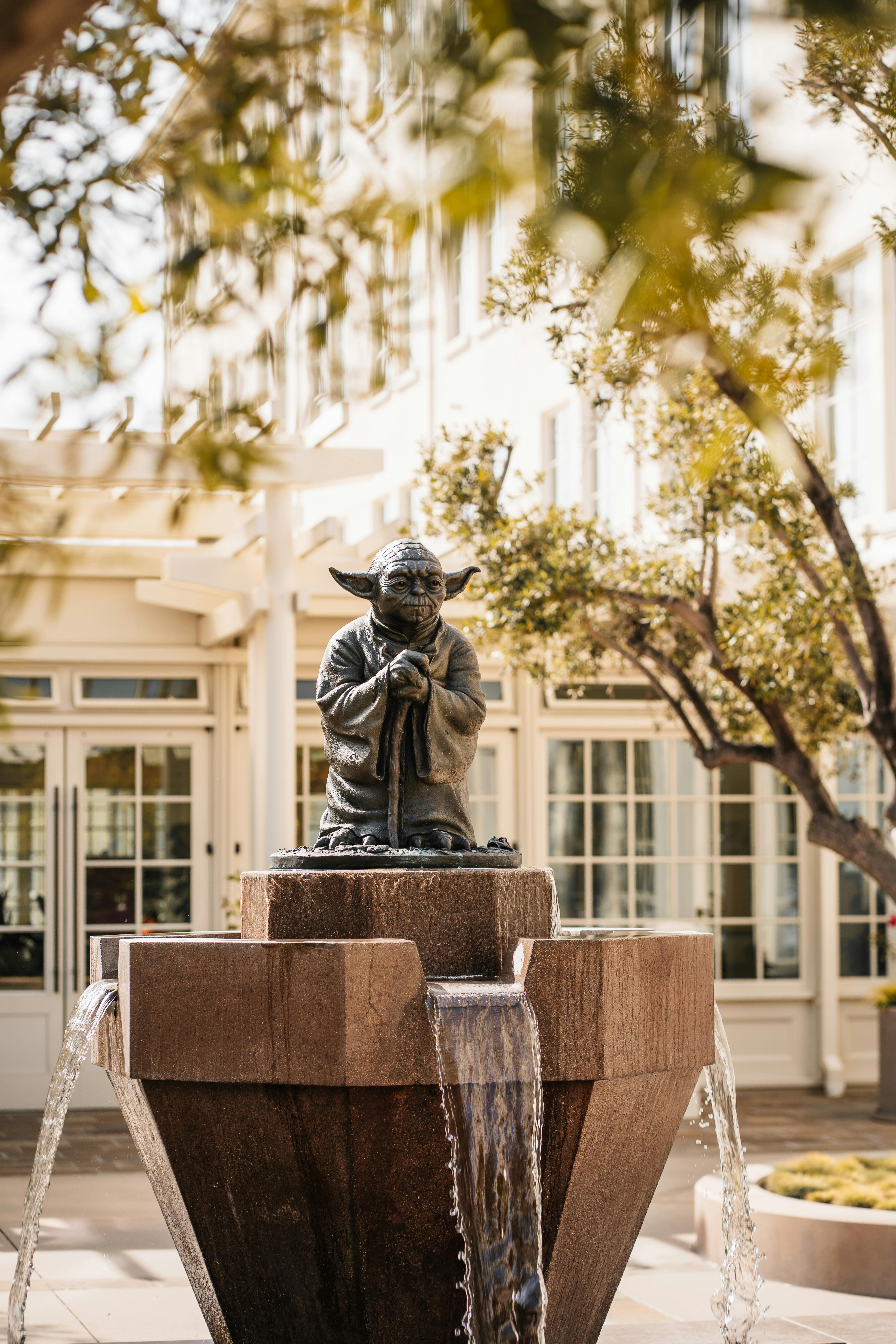 Gratis Air mancur Yoda di depan kantor Lucasfilm, San Francisco, dikelilingi oleh tanaman hijau. Foto Stok