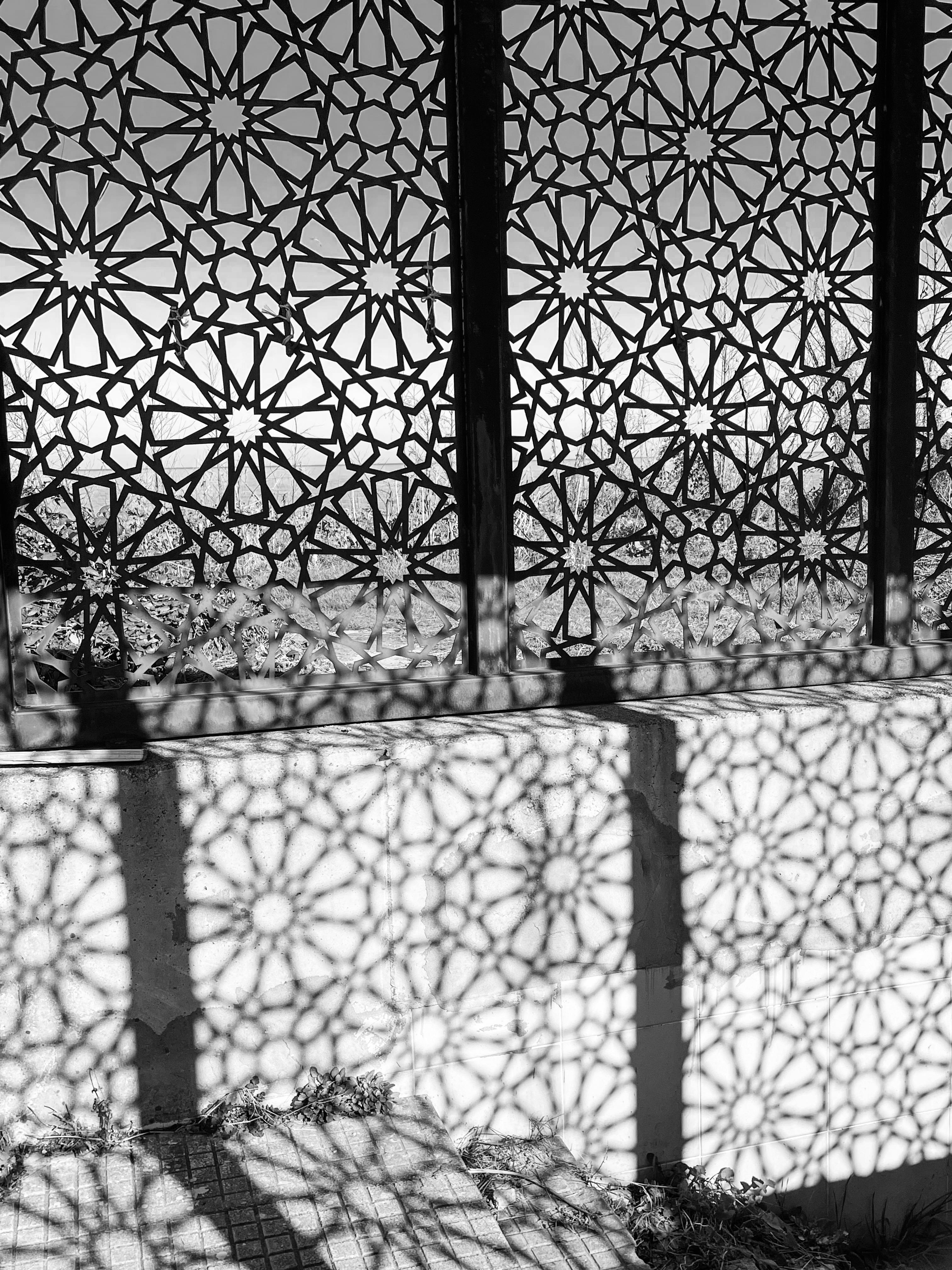 De franc Fotografia en blanc i negre que mostra patrons geomètrics d'ombres intricats en una paret exterior. Foto d'estoc