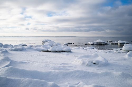 Free Serene winter landscape in Estonia with snow and icy sea under a cloudy sky. Stock Photo