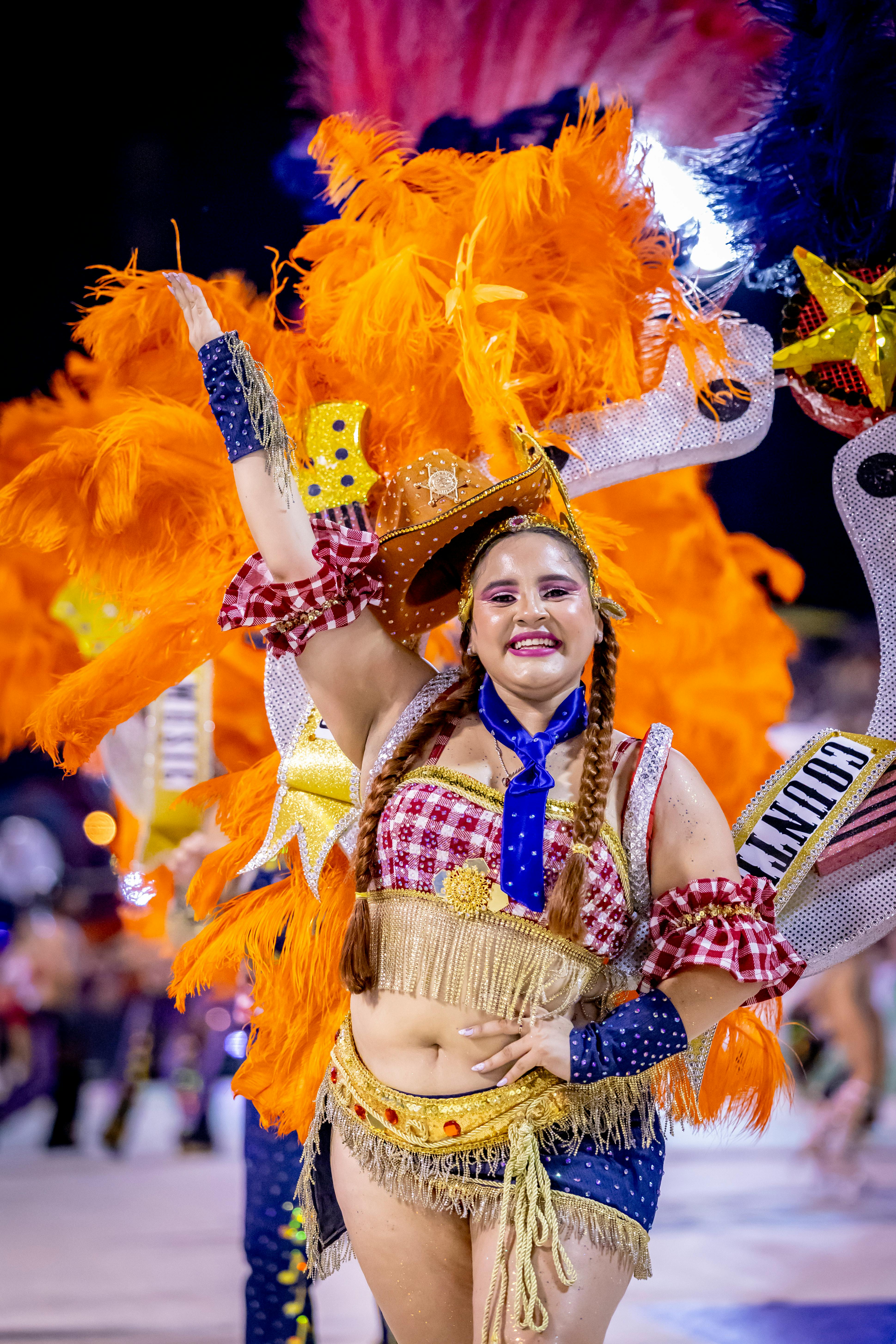 Free A colorful carnival dancer in traditional attire during a lively parade in Encarnación, Paraguay. Stock Photo