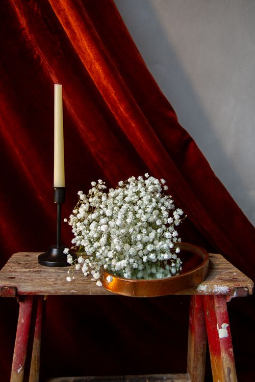 Free Aesthetic still life of a candle and baby's breath against a velvet backdrop. Stock Photo