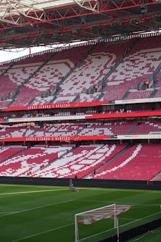 View of colorful seating arrangement at Estádio da Luz, Lisbon, Portugal.