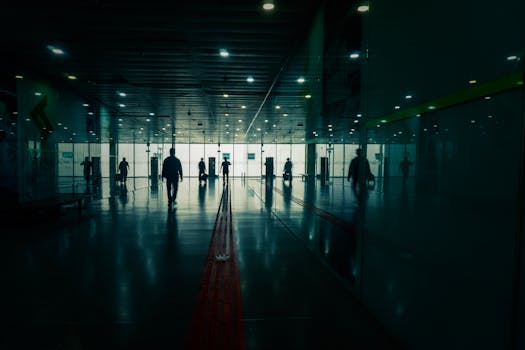 Silhouettes in a modern terminal creating a moody atmosphere with reflections on the floor.