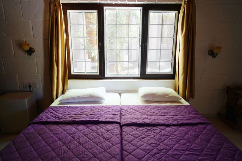 Inviting bedroom featuring purple bedding, natural light through a window, and warm decor.