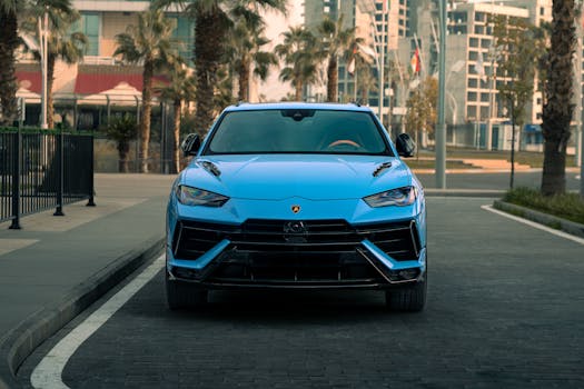 A stunning blue luxury SUV parked on a street in Erbil, Iraq, showcasing sleek modern design.