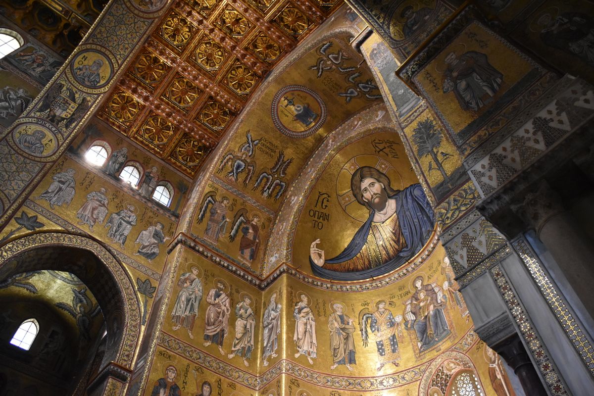 Byzantine mosaic dome interior with golden background and Christian figures similar to Florence Baptistery