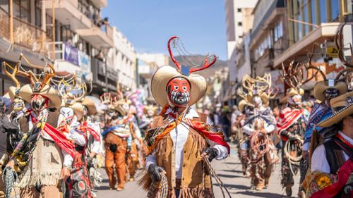 Free Colorful costumes and masked performers at Hidalgo's vibrant carnival parade. Stock Photo