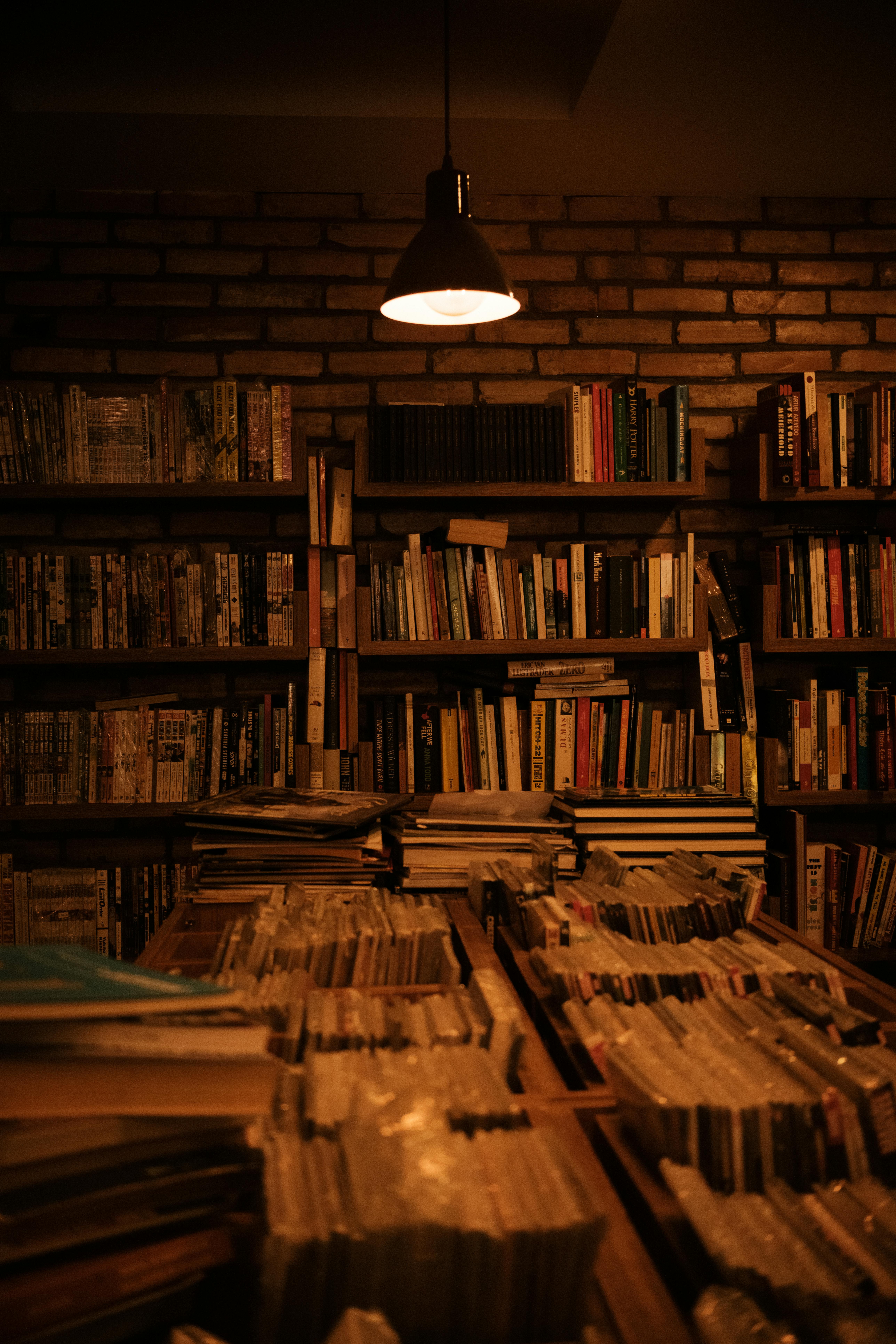 無料 温かみのある間接照明とたくさんの本棚を備えた、居心地の良いビンテージ図書館の雰囲気。 写真素材