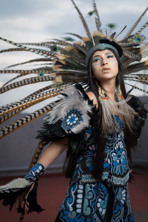 Free A vibrant portrait showcasing a person in a traditional feathered headdress and colorful attire. Stock Photo