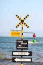 Colorful Train Track No Throughfare Sign by Sea