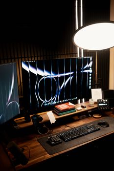 Stylish home office desk setup featuring dual monitors, accessories, and warm lighting for productivity.. pexels, stylish, ho