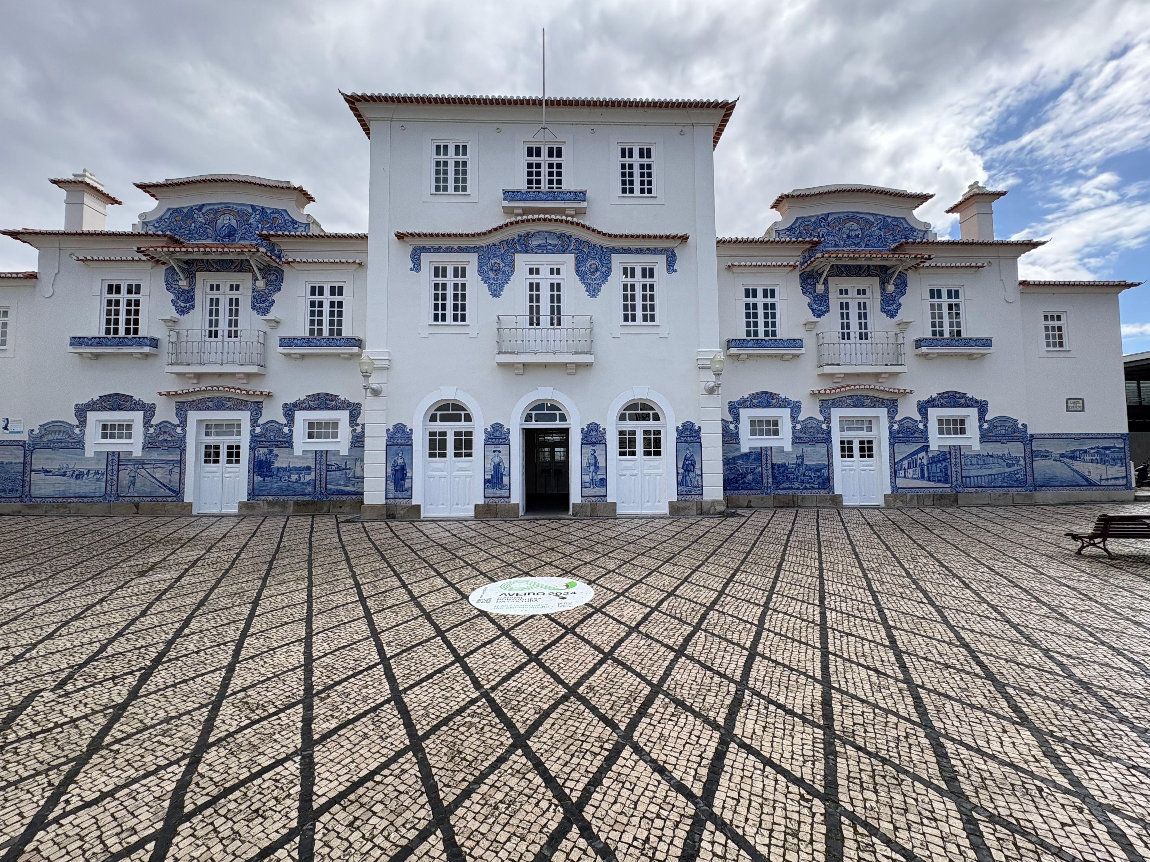 Traditional blue azulejo tiles on a historic Portuguese building facade