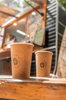 Warm paper coffee cups on a wooden table at an outdoor café in Patagonia.