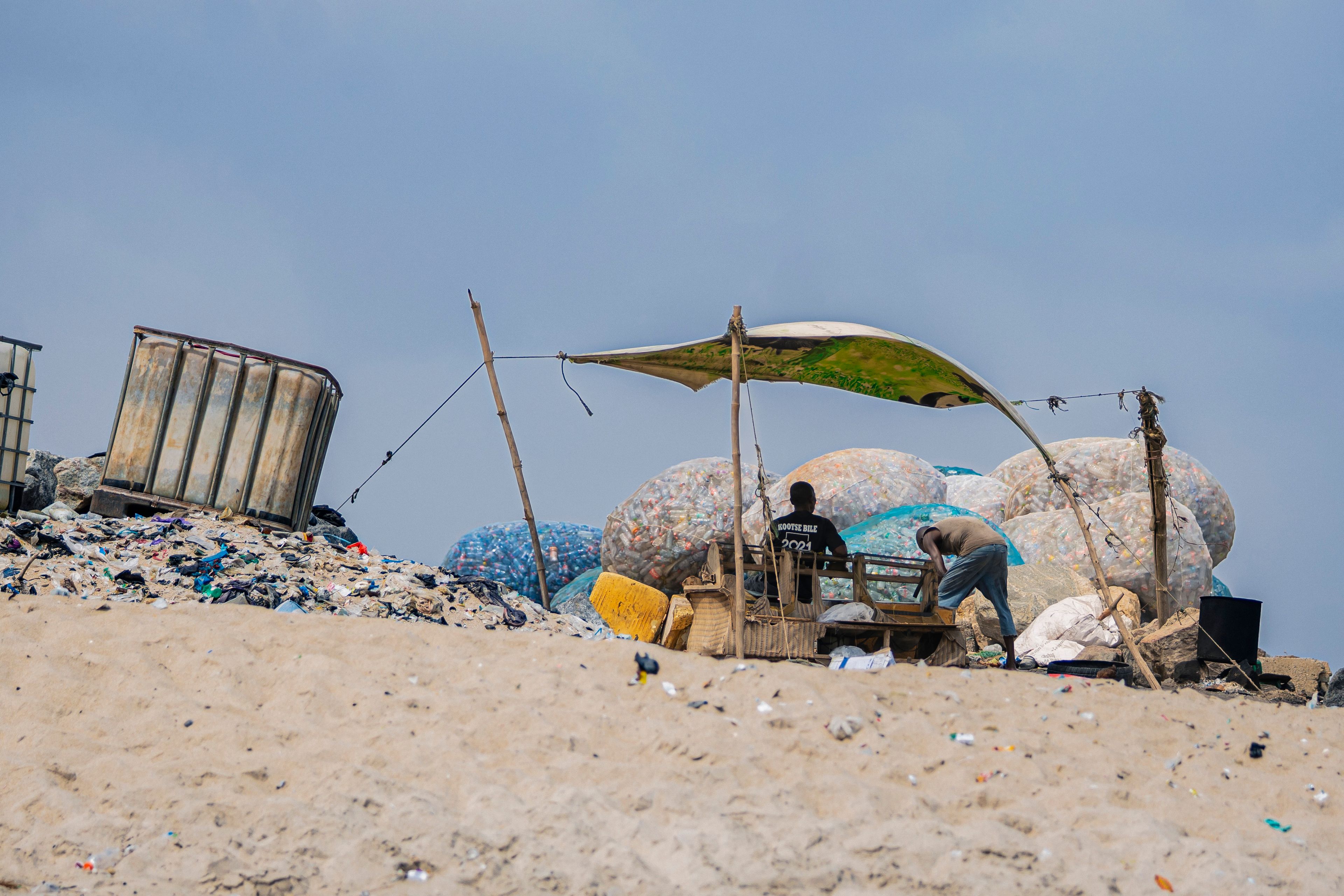 Environmental scene of waste management at a beachfront in Accra, Ghana.