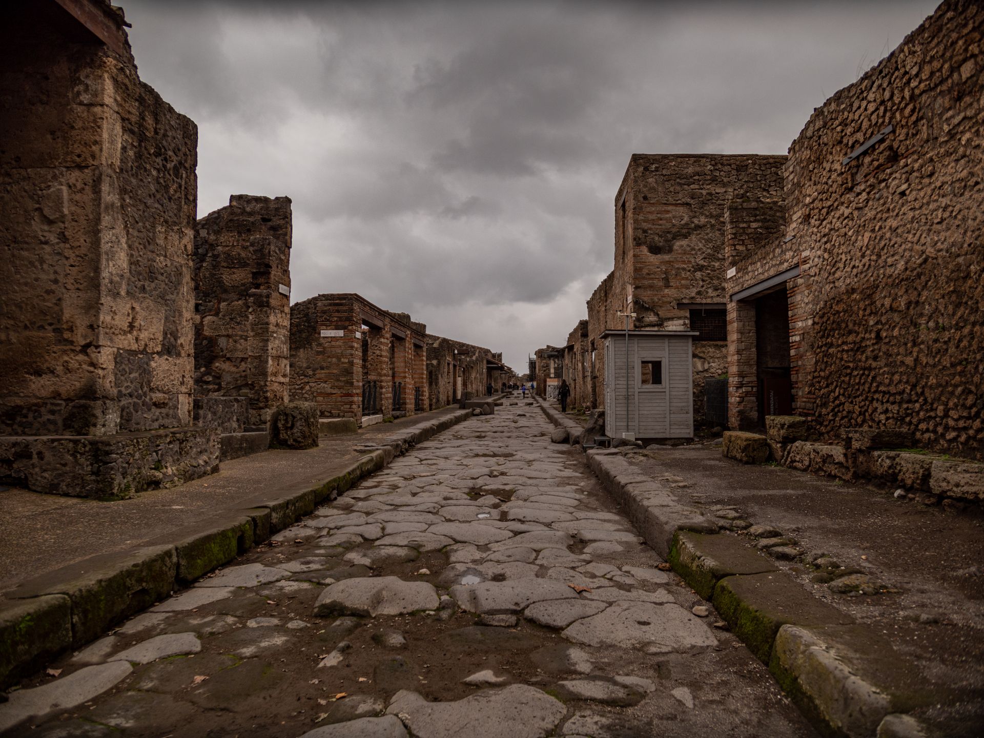 A wide view of an ancient stone street at the Pompeii excavation site