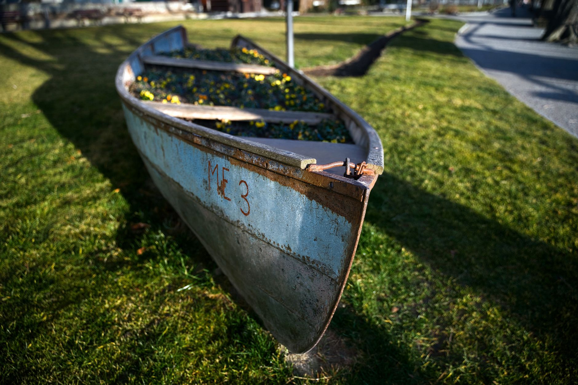 An old boat repurposed as a planter with vibrant flowers on a sunny lawn.