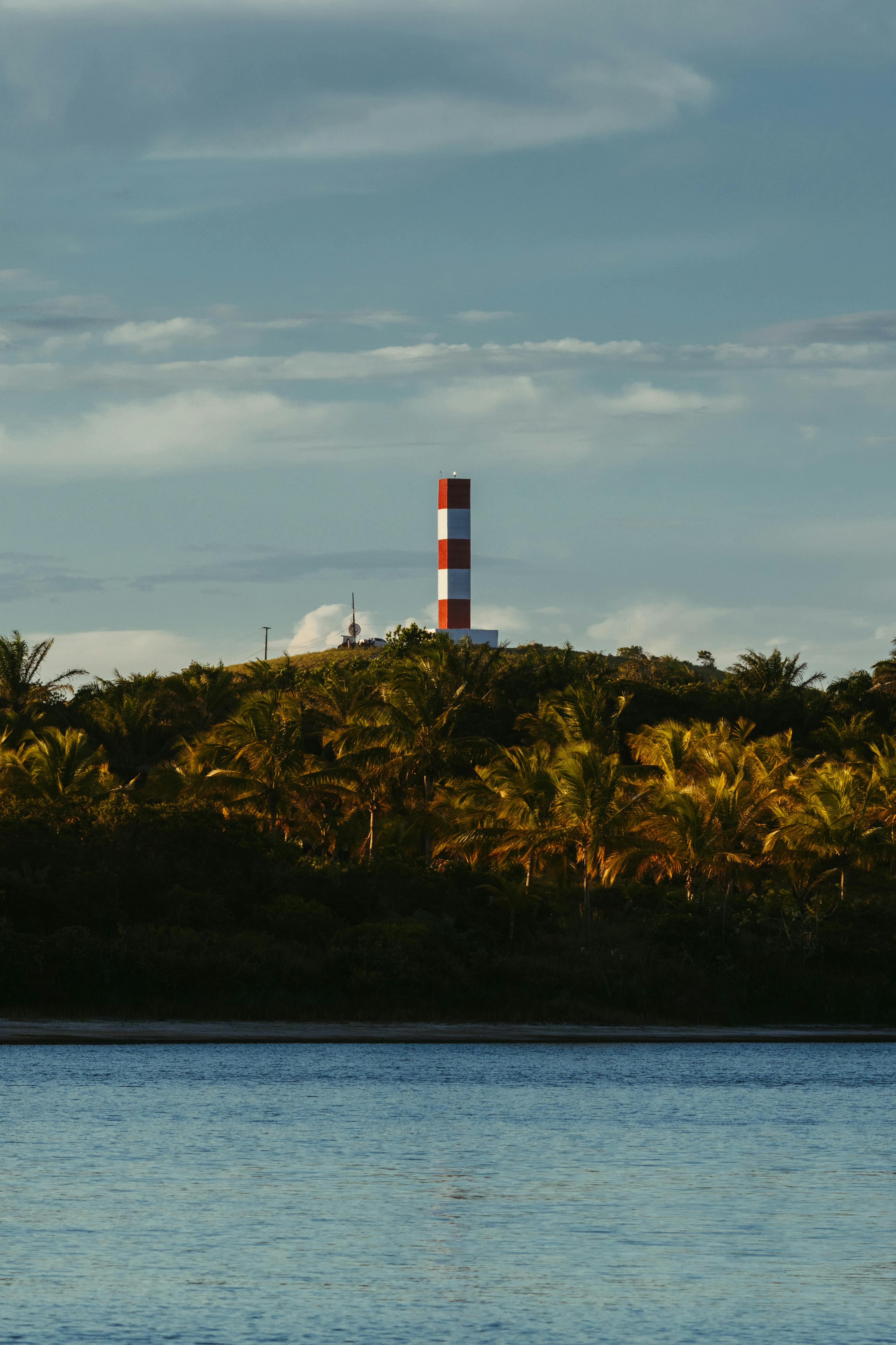 Scenic view of a lighthouse surrounded by palm trees and a calm sea in Bahia, Brazil.