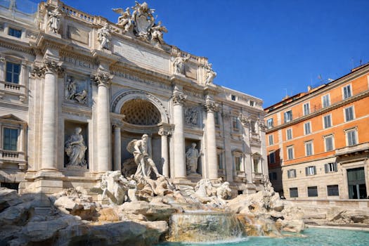 A stunning view of Trevi Fountain in Rome, showcasing its baroque architecture and majestic sculptures.