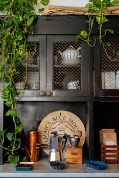 迷人的复古厨房里设有咖啡角，并悬挂着绿植