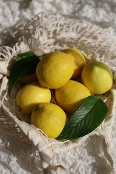 Bright yellow lemons arranged with green leaves on a textured fabric in sunlight.