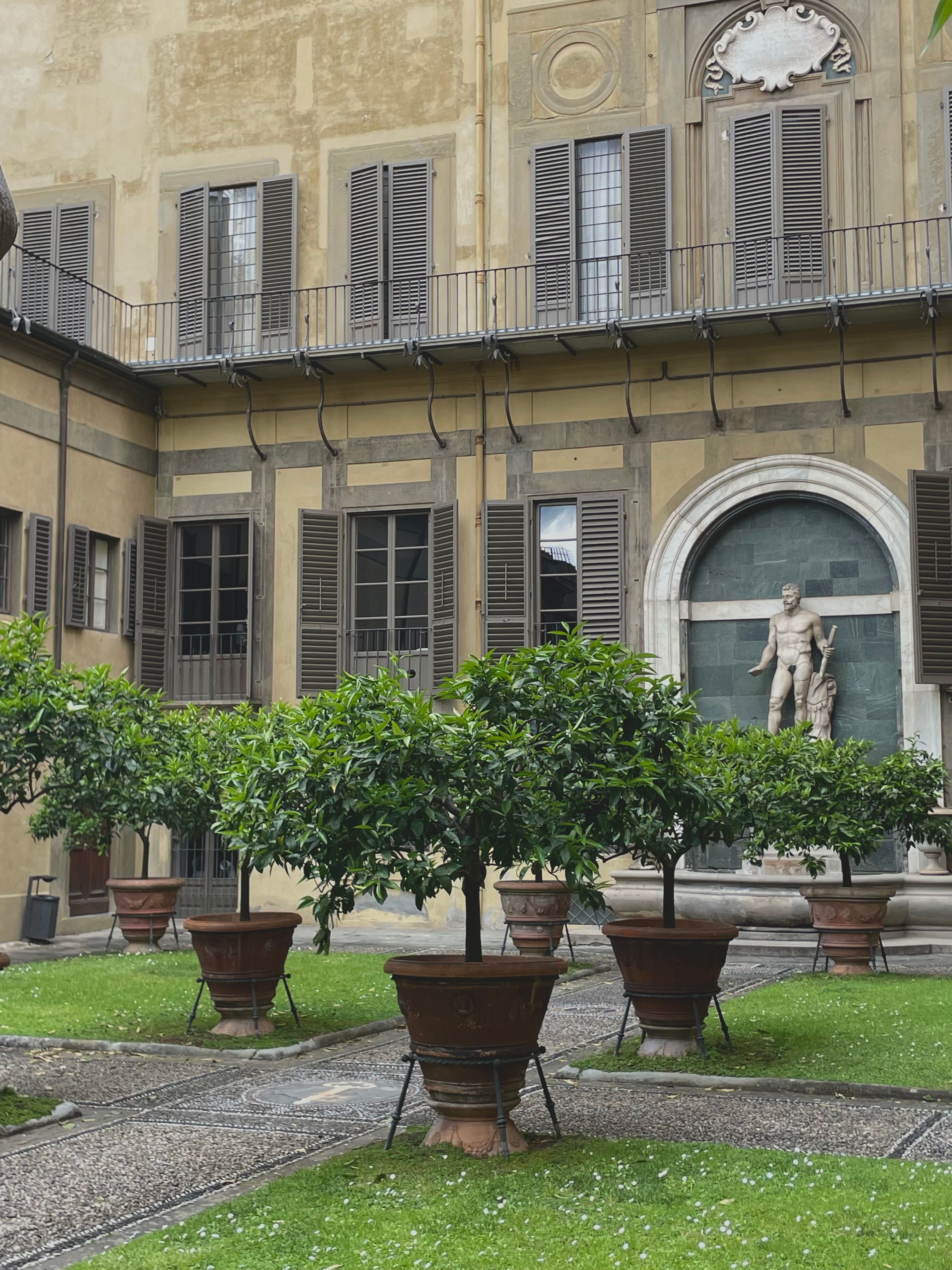 Elegant Courtyard with Potted Trees and Classic Statue · Free Stock Photo