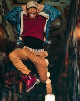 在室内，一位精力充沛的男舞者跳跃着，姿势富有表现力，服装时尚