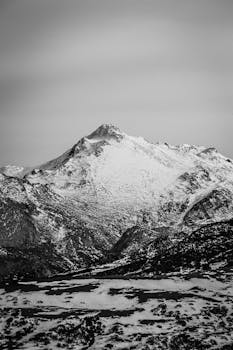 晴朗天空下，白雪覆盖的山峰在灰度照片中显得令人惊叹