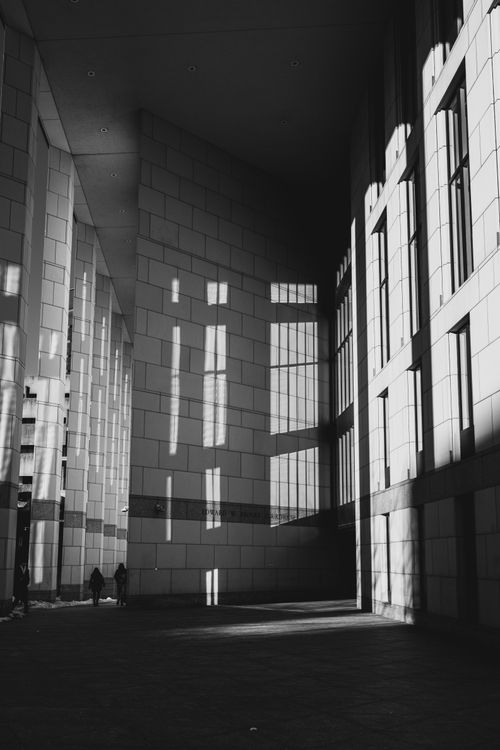 Free Black and white photo of a modern building's interior with dramatic light and shadow play. Stock Photo