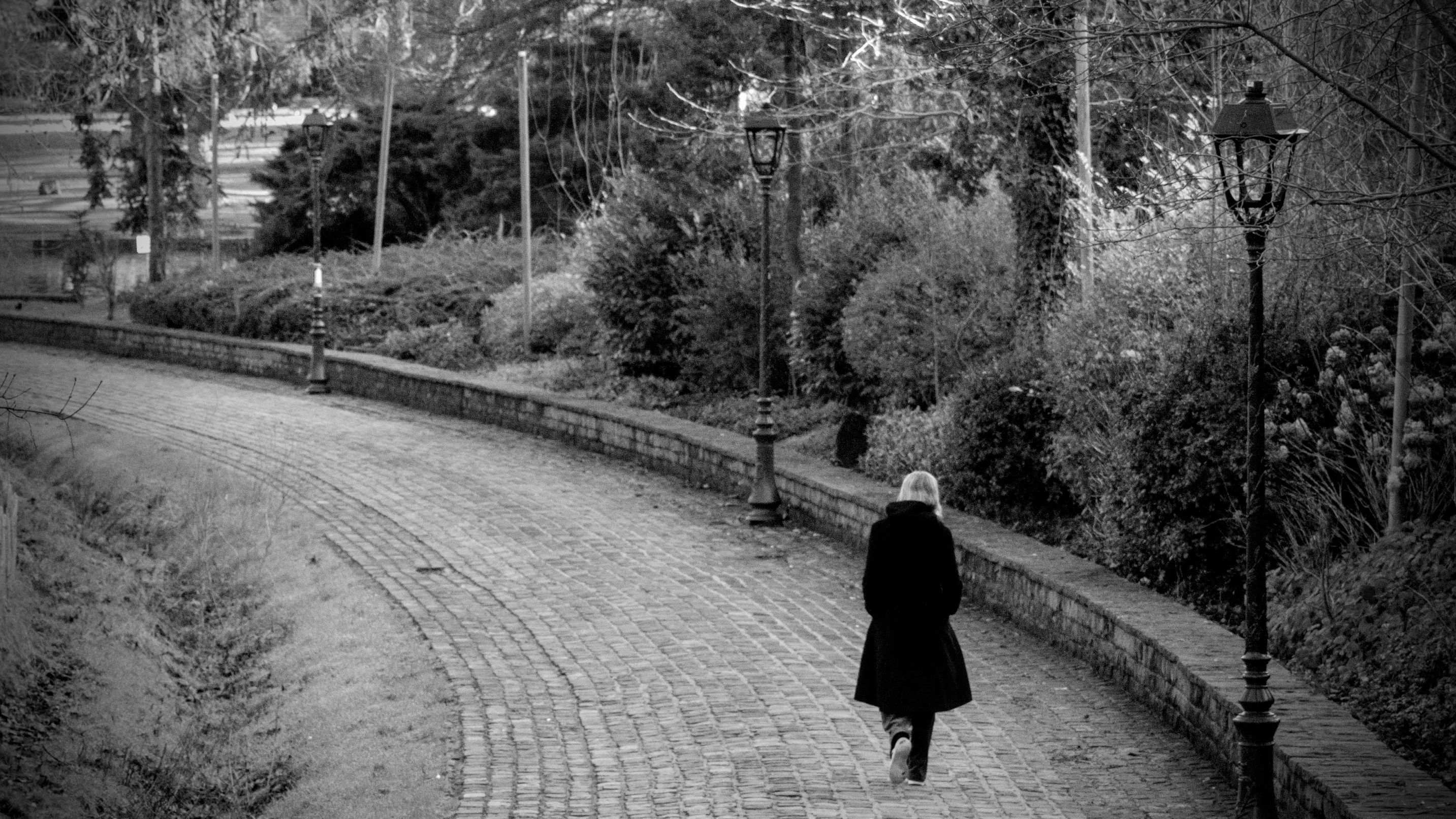 A person walking alone on a tree-lined path at sunrise, no headphones, looking contemplative
