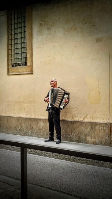 A street musician plays an accordion against an aged urban wall.