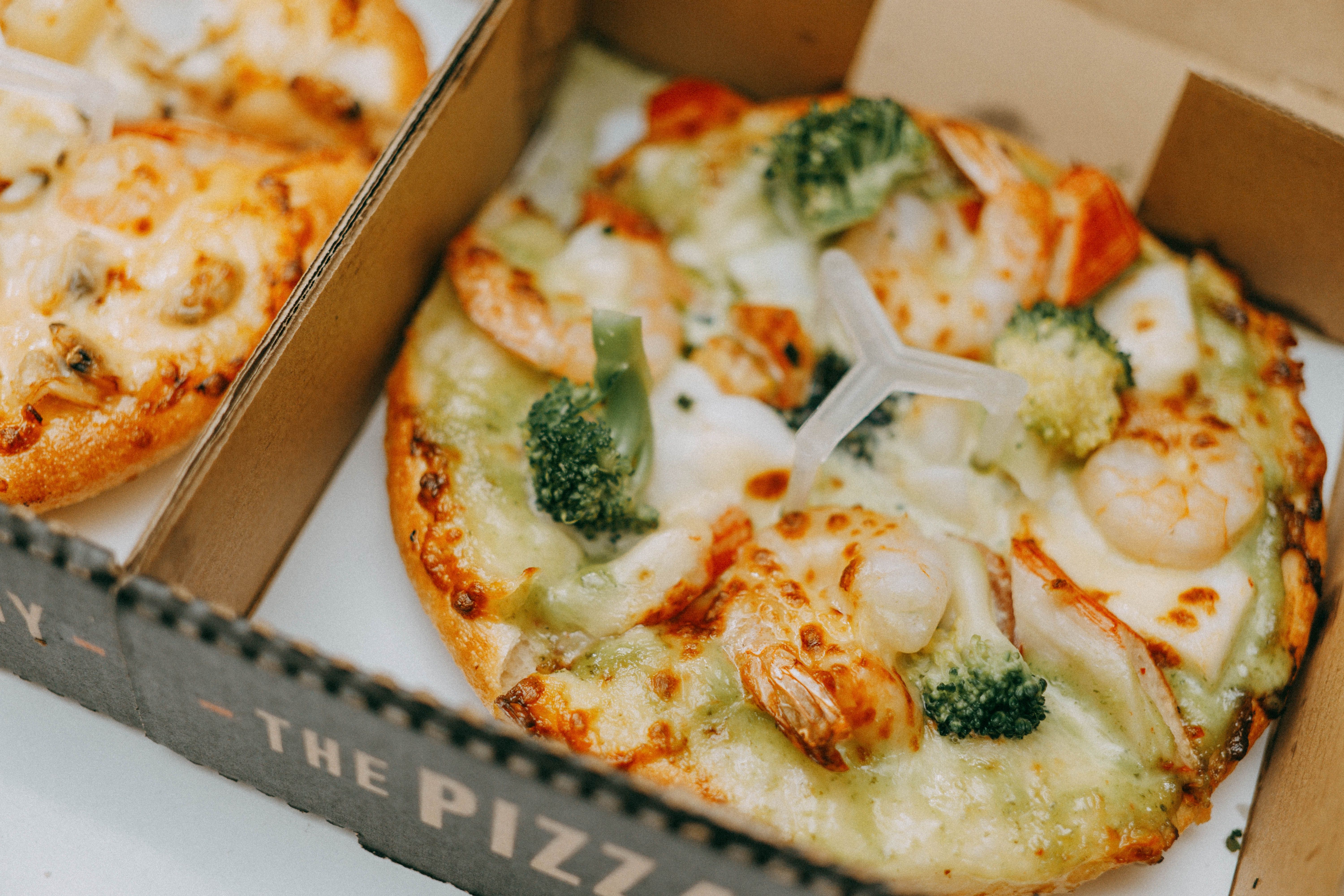 Seafood pizza topped with prawns