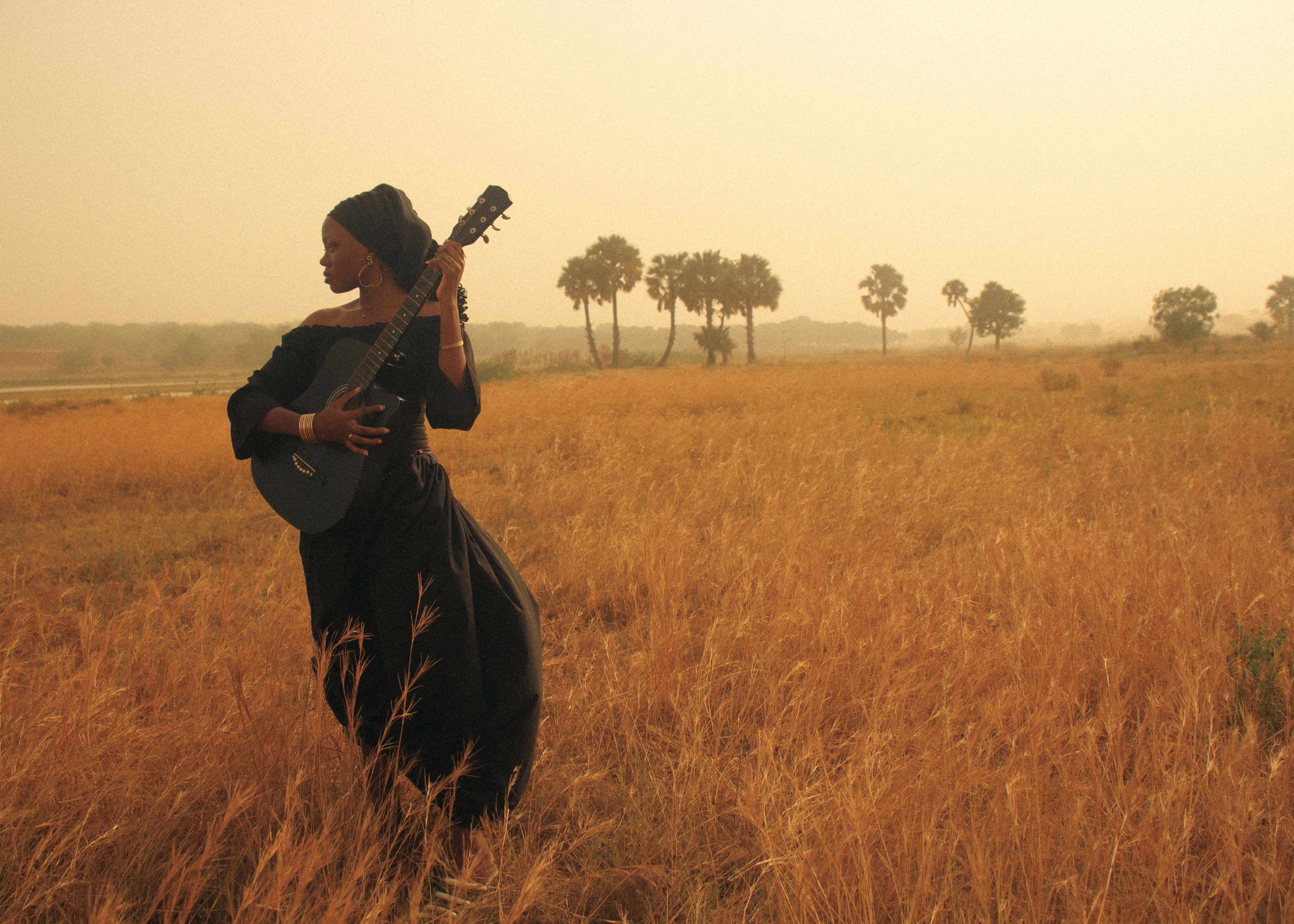 A woman plays guitar in a golden field at sunset, creating a serene and artistic scene.