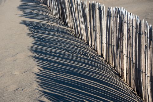 Free A wooden fence casts long shadows on a sandy beach on a sunny day. Stock Photo