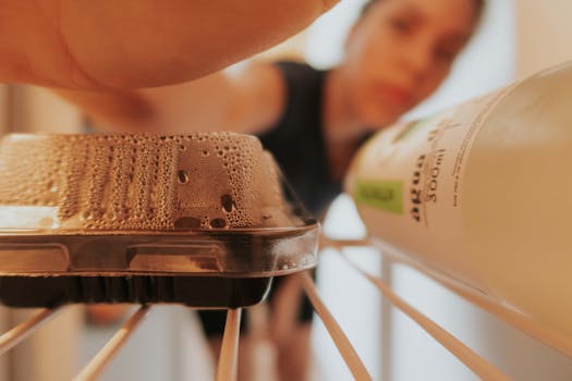 Blurred woman reaching into refrigerator, focusing on food container and drink bottle.