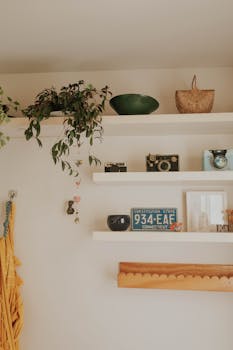Warmly lit interior featuring vintage cameras and a Connecticut license plate.