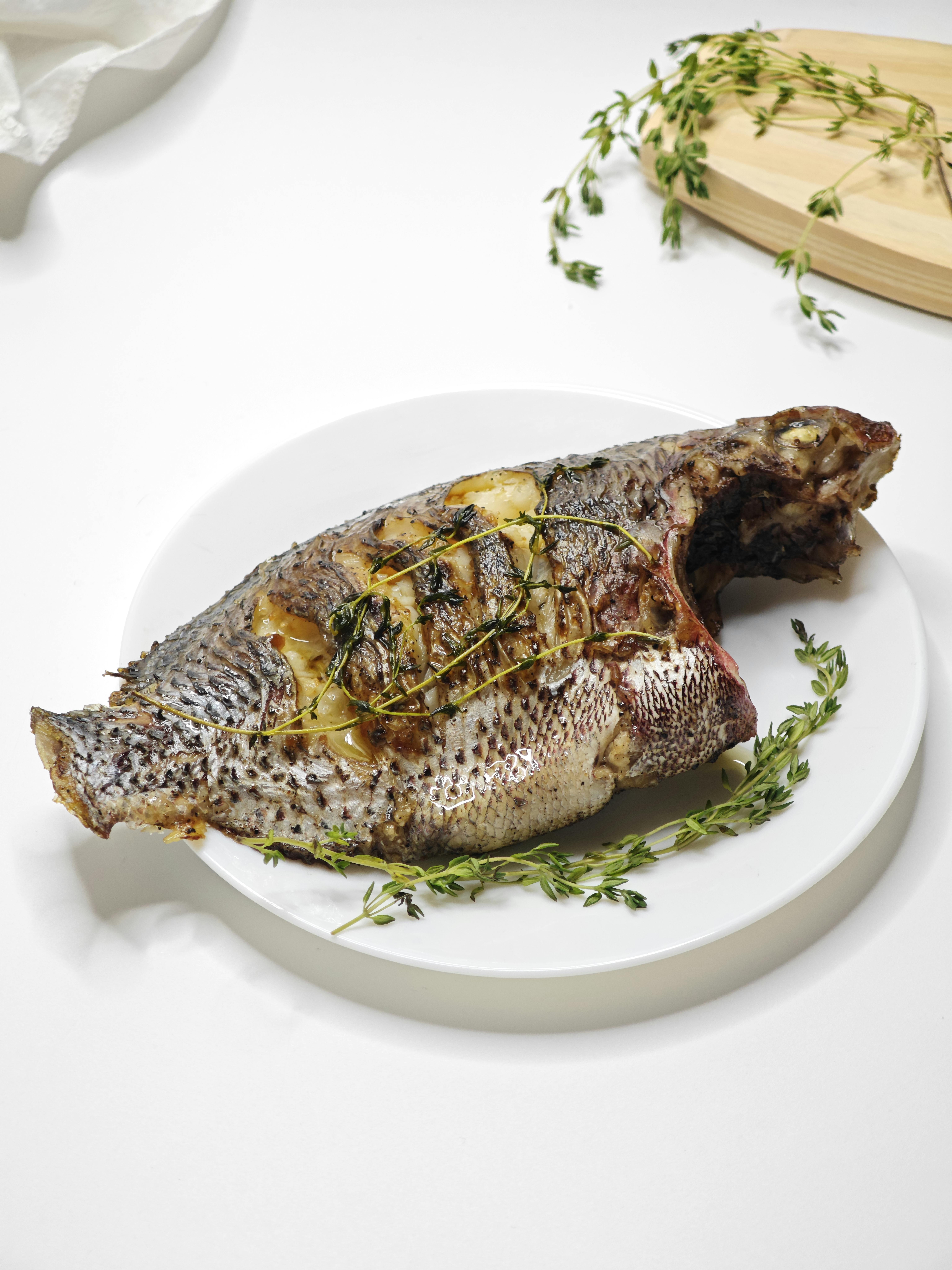 Delicious grilled fish seasoned with herbs served on a white plate.
